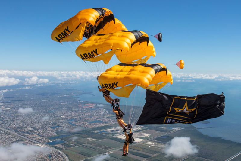US Army Parachute Team, known as the Golden Knights, conducts a skydive.