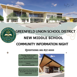 Flyer featuring renderings of a potential new middle school in shades of tan
