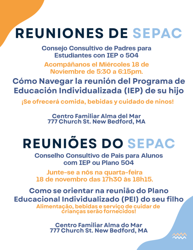 Flyer for the November SEPAC meeting translated into Spanish and Portuguese