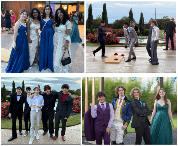 Students stand in blue and white dresses, play outside, and pose in suits