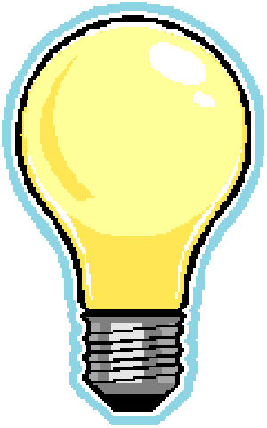 Pixel art yellow light bulb with a blue outline.