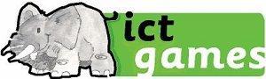 Black and white elephant illustration with 'ict games' in green.