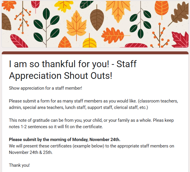 image of flyer sent out with the same directions from above. Flyer is covered in colorful leaves