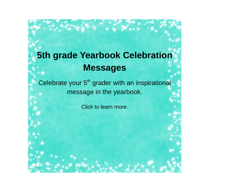 Text promoting 5th grade yearbook celebration messages on a teal background.