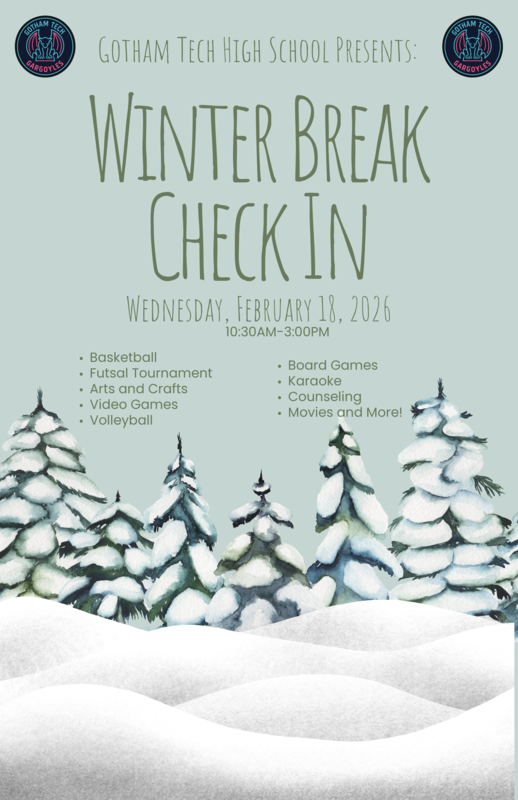 Snowy valley with activities listed