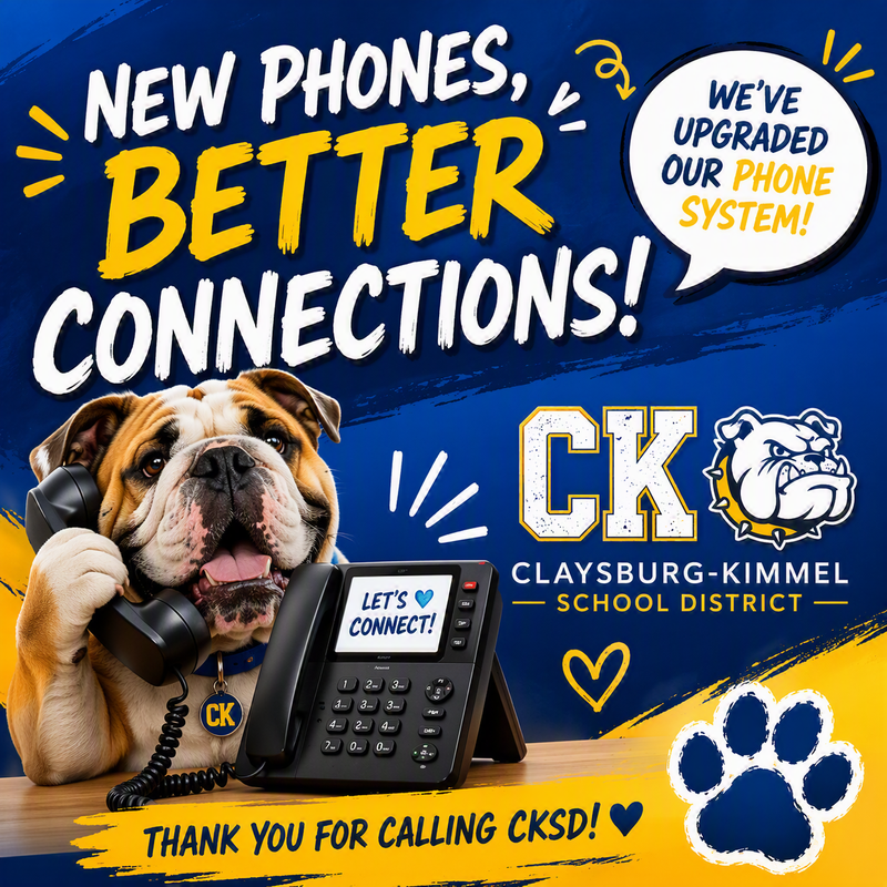 bulldog with telephone announcing upgraded new phone system