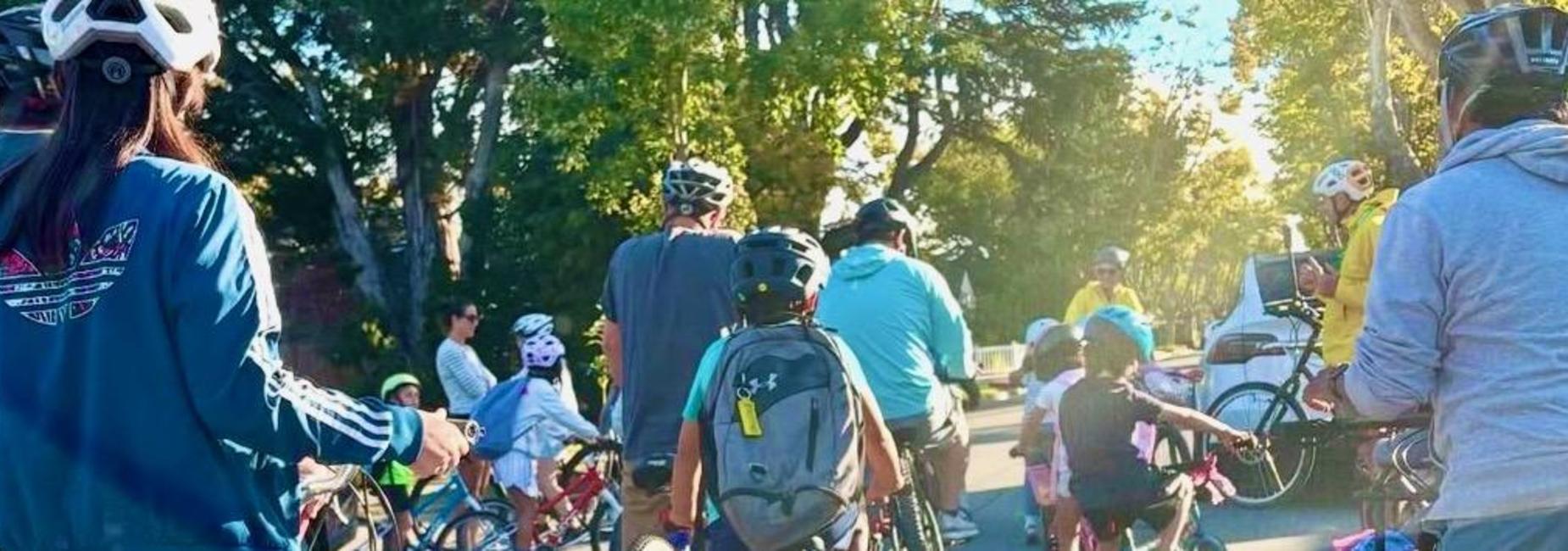 Bicyclists of all ages riding together on a sunny street surrounded by trees.