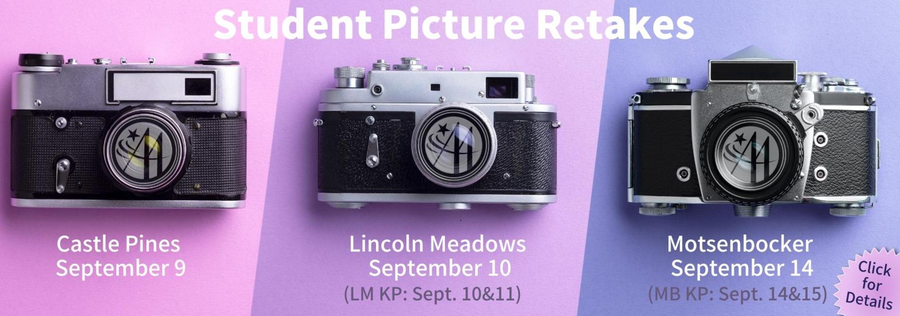 Three vintage cameras with event dates for student picture retakes.