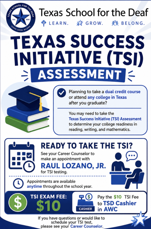 Texas Success Initiative Assessment poster with details and pricing mentioned in the content.