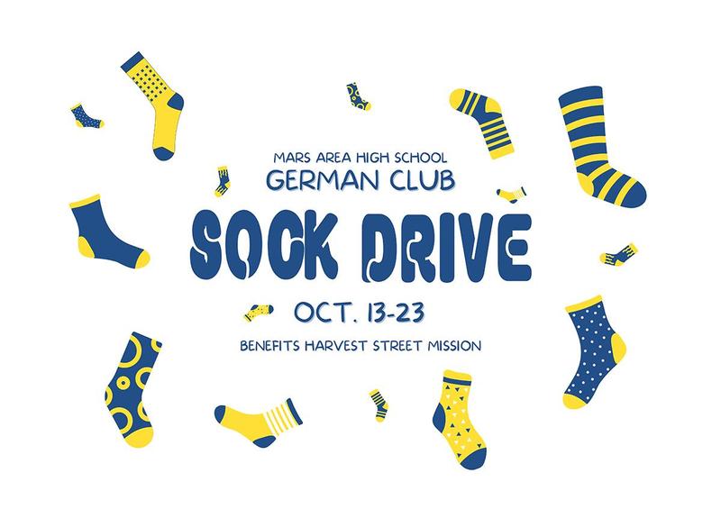 A picture of flying socks around text for a Sock Drive.