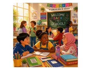 Children in a classroom with a back to school sign.