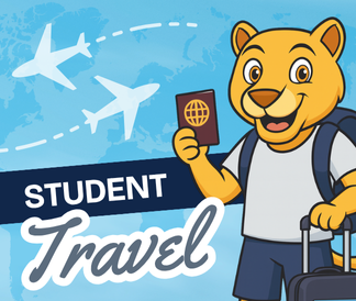 Student Travel with illustration of puma holding passport and roller bag luggage