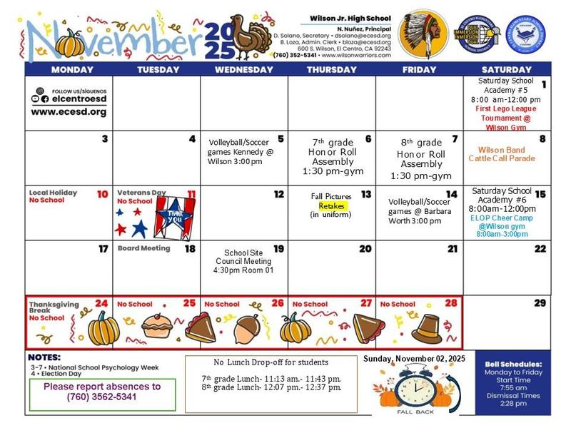 Wilson Jr. High School November Calendar