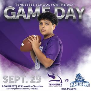 Young athlete in purple jersey holding a football for a game day event.
