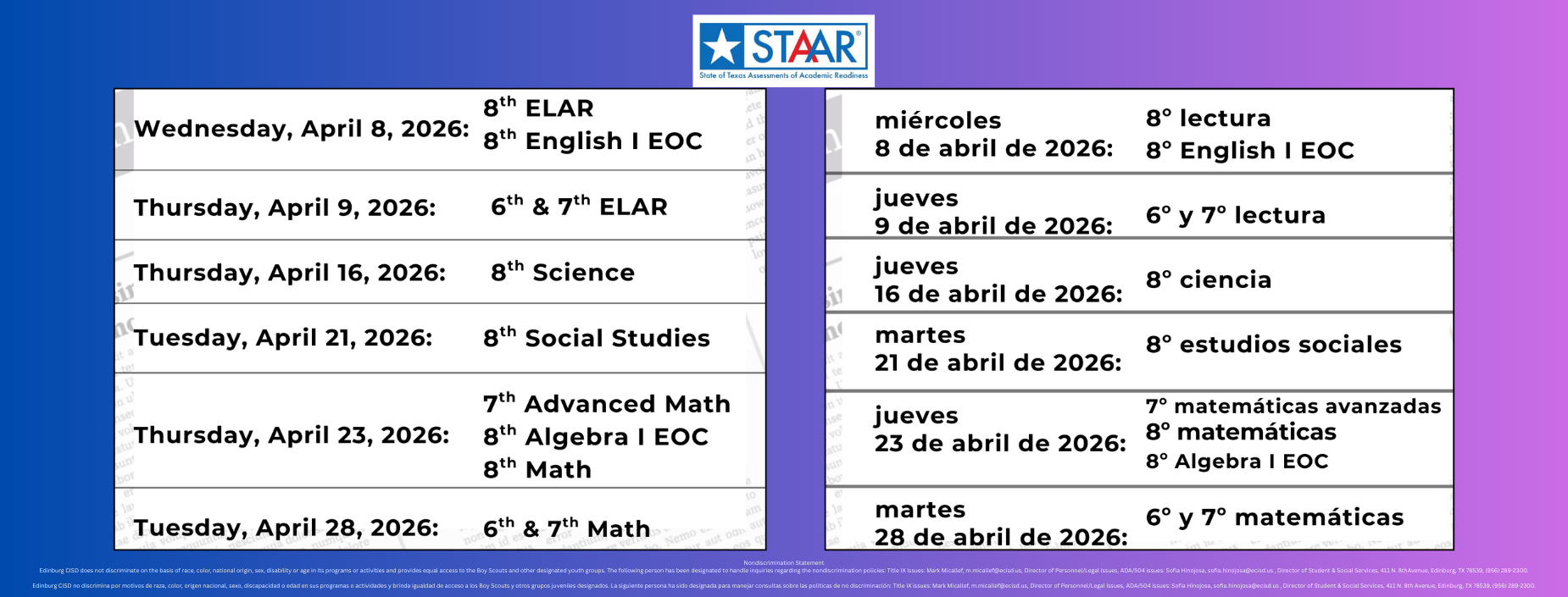 STAAR Testing Dates