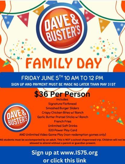 Dave & Busters Family Day Flyer for June 5th family fun day.