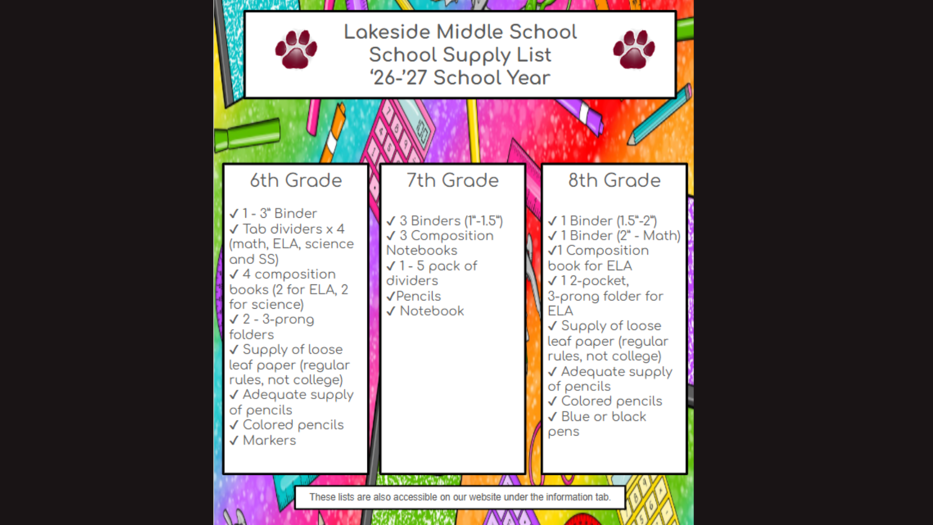 Colorful school supply list for Lakeside Middle School with grade-specific items.