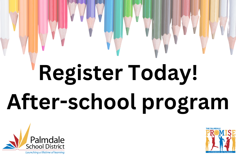 Registration for after-school program starts 7/14. photo has rainbow of colored pencils along top edge.