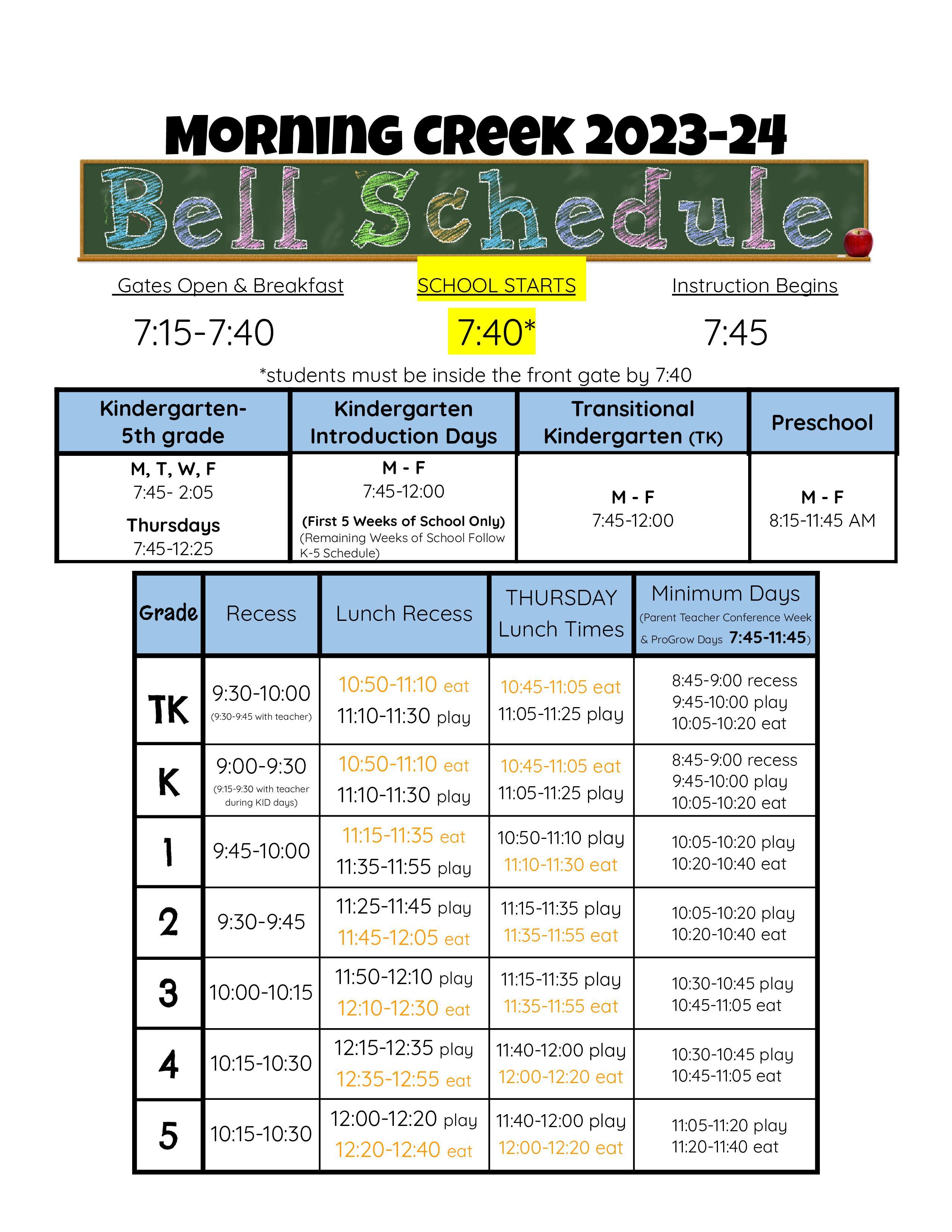 Bell Schedule Calendars MORNING CREEK ELEMENTARY SCHOOL