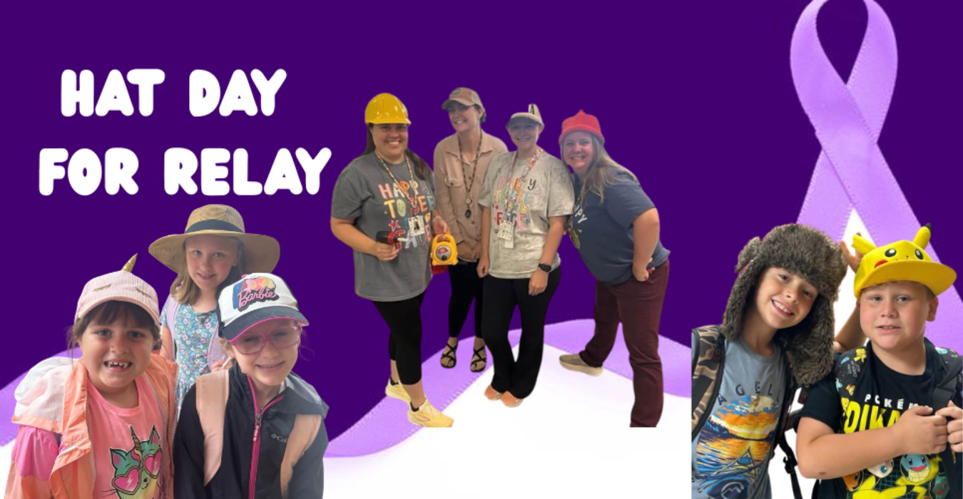 Participants in hats promoting Relay efforts, with purple background and ribbon.