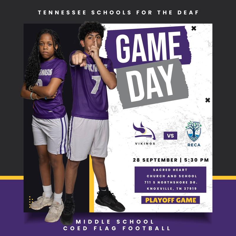Two students in sports jerseys promoting a flag football game event.