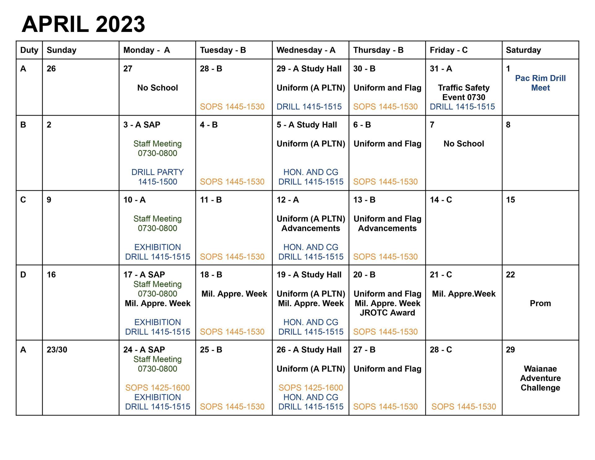 Calendars NJROTC Kalaheo High School