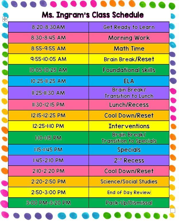 Kinder Schedule – Ms. Tasha Ingram – New World Educational Center