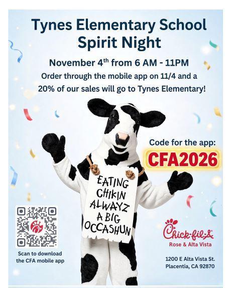 Tyne's Elementary Spirit Night - November 4th at Chick Fil A