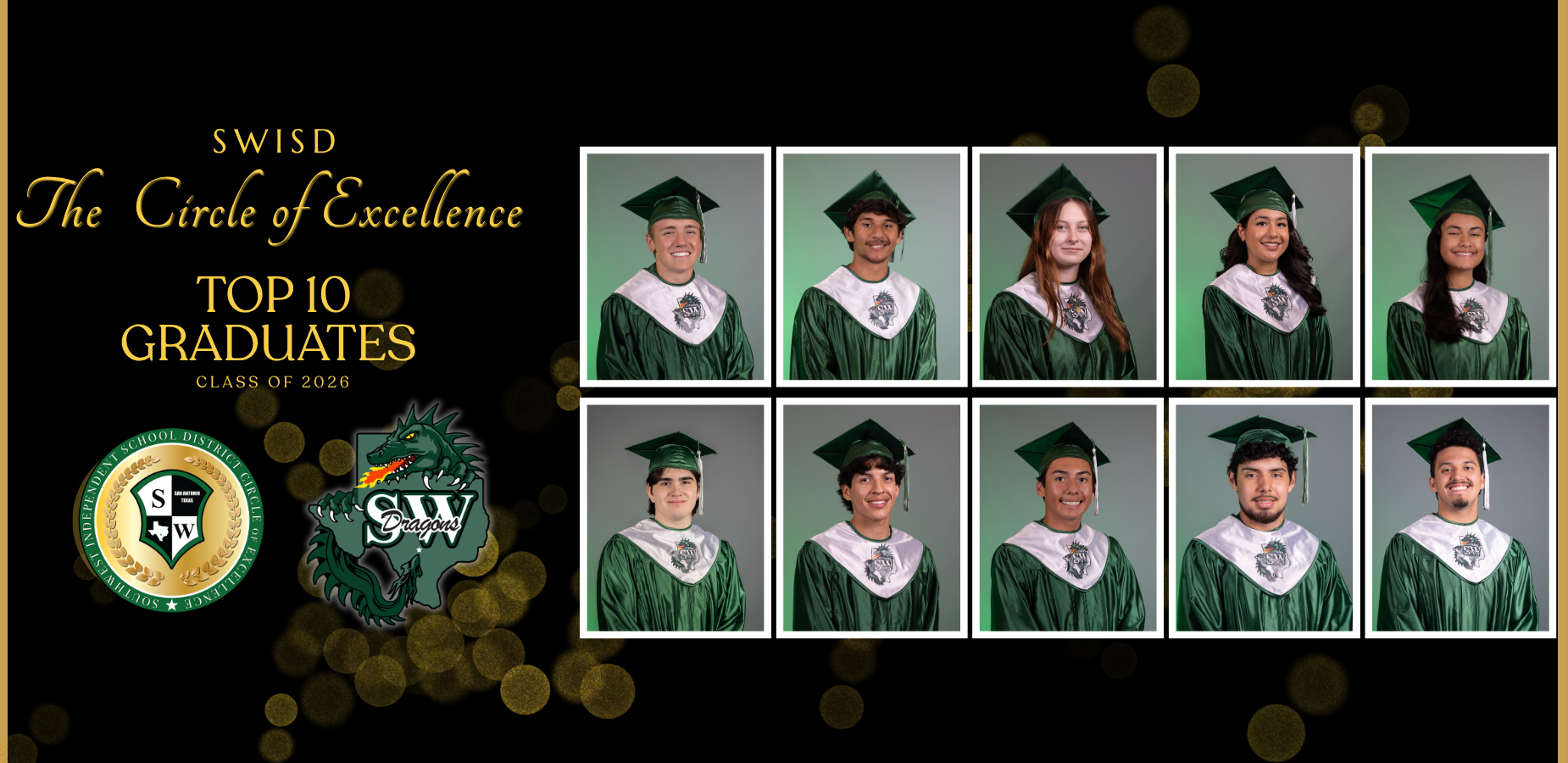 Ten graduates in green caps and gowns, celebrating top achievements for the class of 2026.