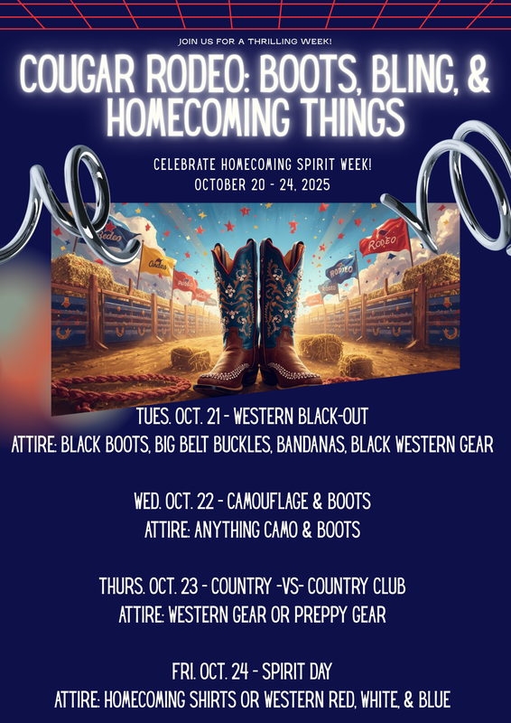 blue flyer telling about homecoming week attire to wear each day.