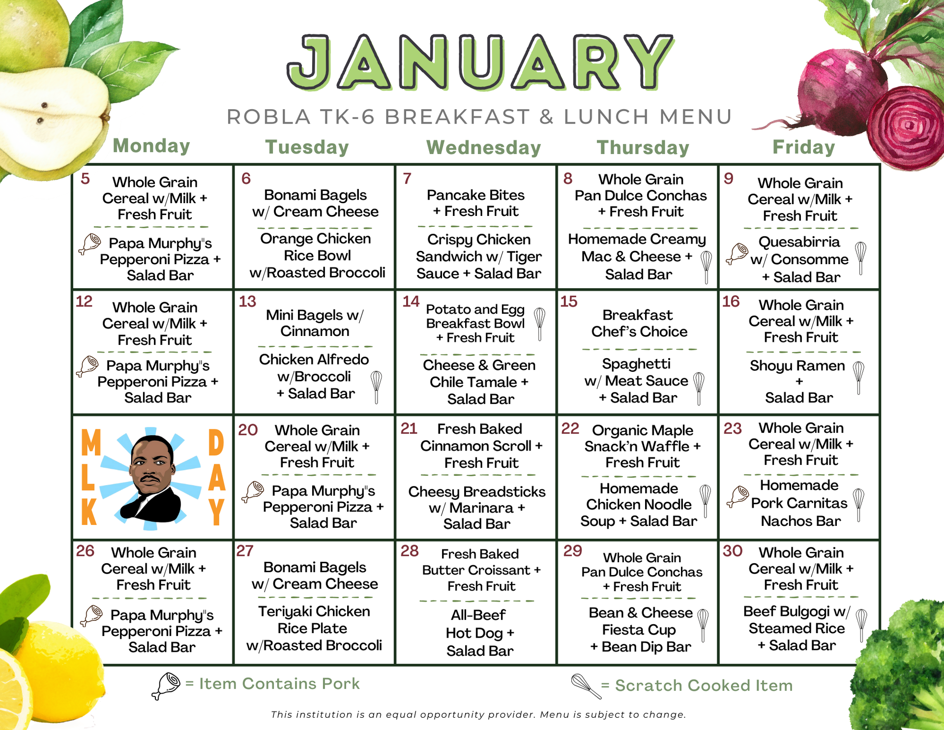 TK-8 Breakfast and Lunch Menu