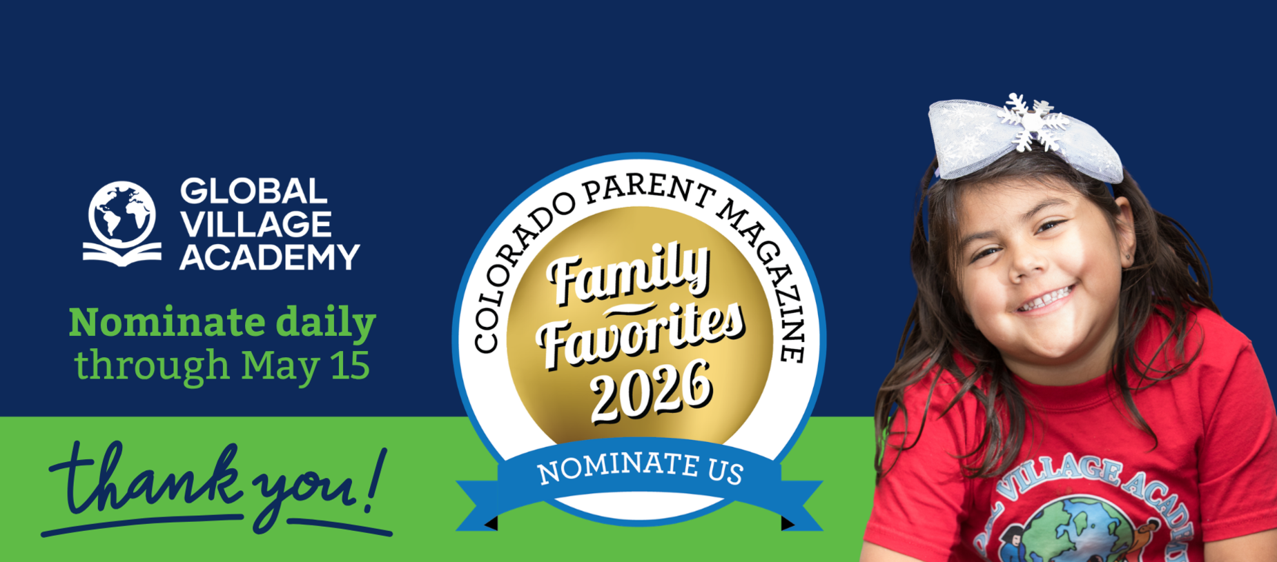 Child smiling next to a 'Family Favorites 2026' award banner.