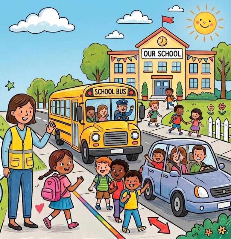 School kids being dropped off at school.