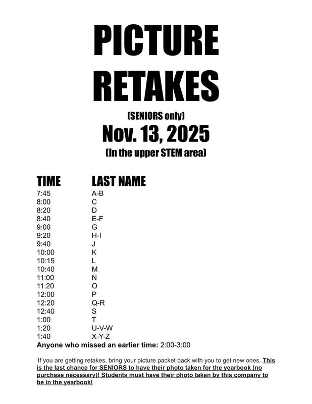 Senior Picture Retake Schedule