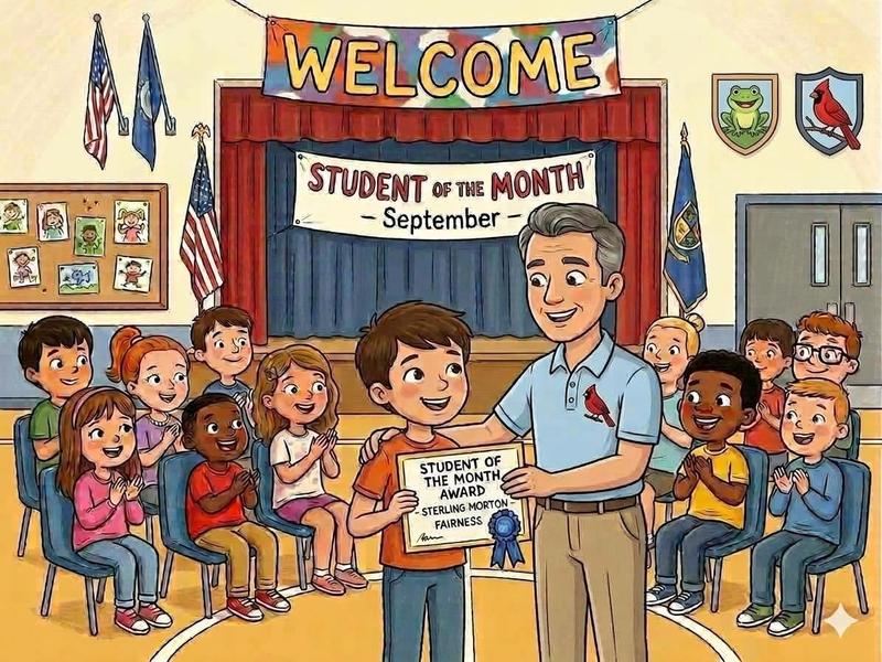 A classroom scene with children applauding a student receiving an award.