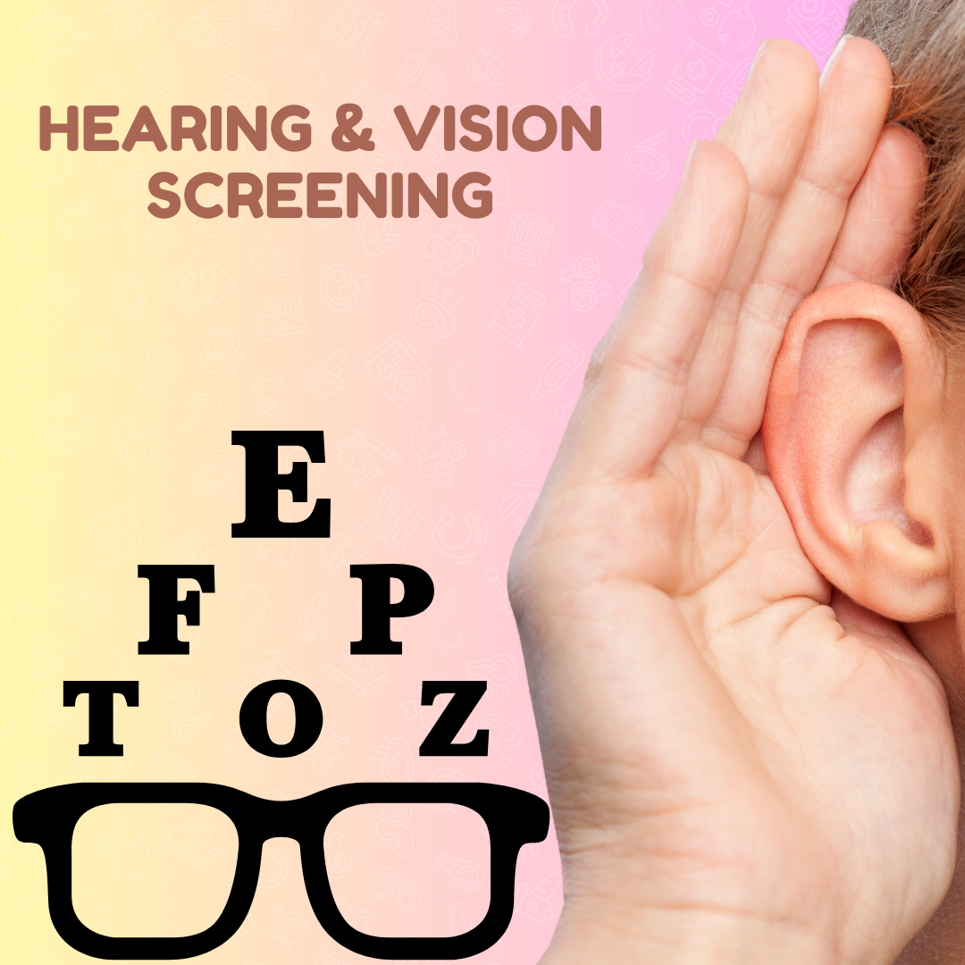 Hearing & Vision Screening graphic with eye chart and a picture with someone's hand behind their ear