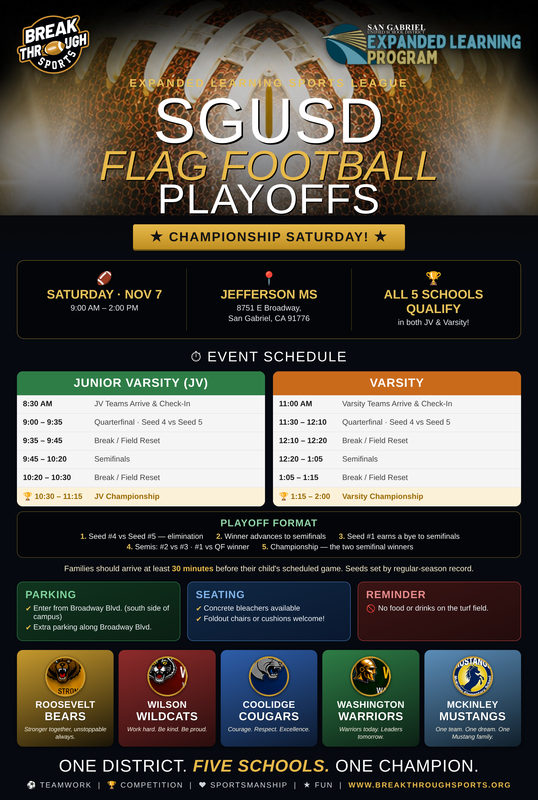 Black flyer describing the SGUSD Flag Football playoffs at Jefferson Middle School on 11/7/2026.