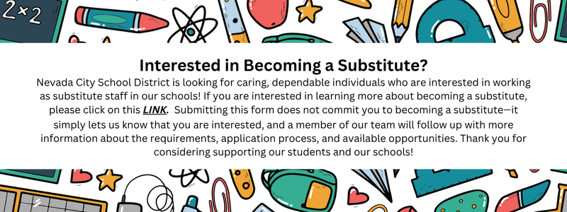 Image with books and pencil border on white background with details and link to sign up to be a substitute teacher