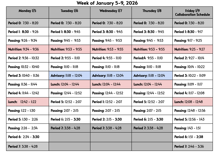 Bell Schedule week of 1/5