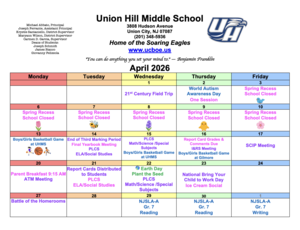 April 2026 Calendar-Union Hill Middle School