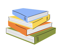 illustration of several stacked books. top blue, middle orange, bottom green