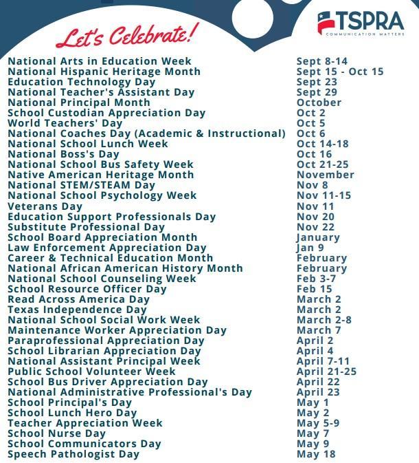 National School Appreciation Days at a Glance!