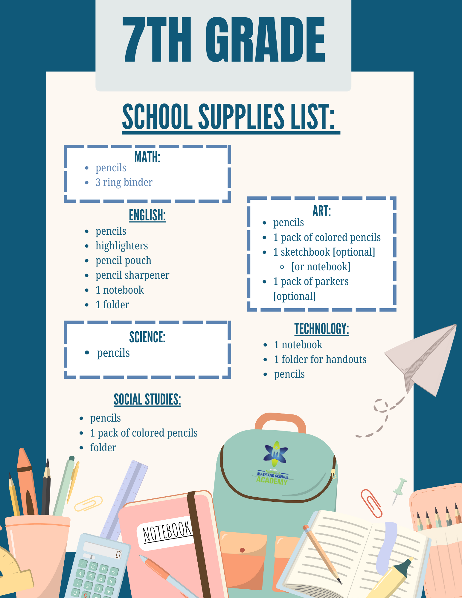 7th grade school supplies list