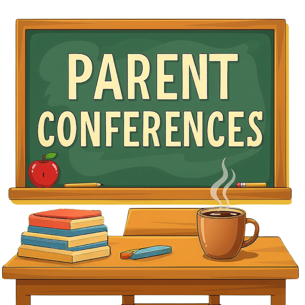 Image of teacher desk and chalkboard that says "Parent Conferences"