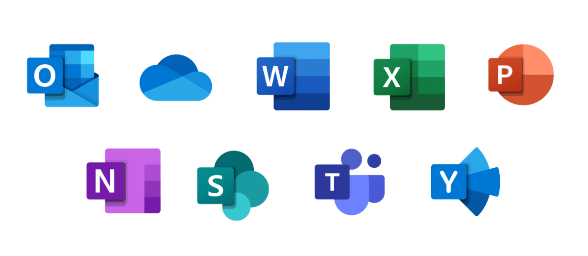 Collection of Microsoft app logos in various colors.