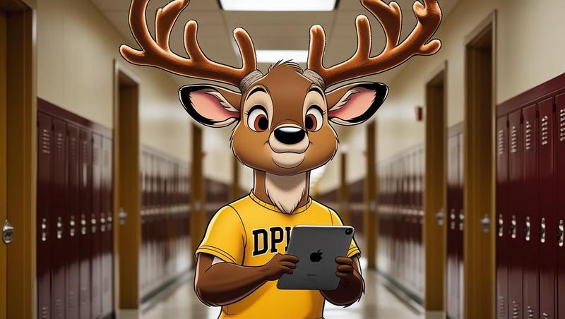 A cartoon deer holding an iPad in a school hallway with lockers