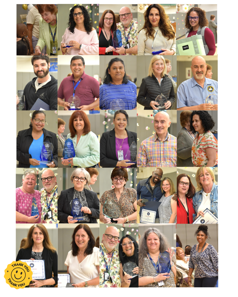 Photo collage of staff members holding awards for their achievements.
