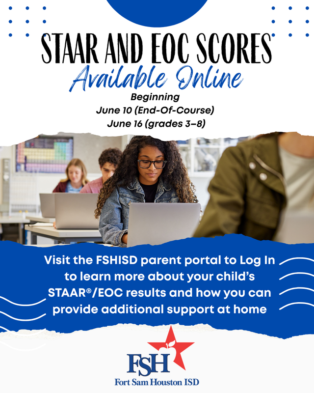 Image of students on laptops with text announcing scores are available online