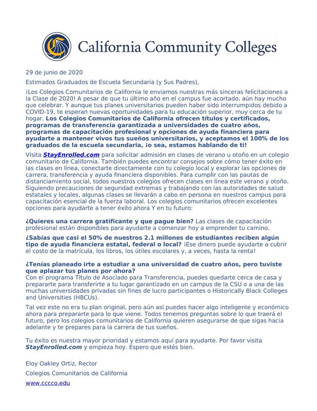 Letter to High School Graduates from California Community Colleges Featured Photo