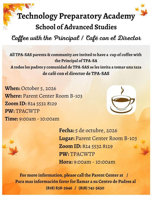 Coffee with the  Principal October 5, 2026 / Café con el Director el 5 de octubre, 2026